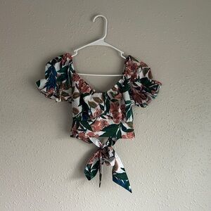 SHEIN Floral Puff Sleeve Tie-Front Blouse